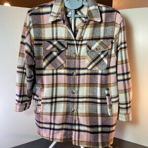 Plaid Shacket Jacket Pink Tan Button Front Women’s Large